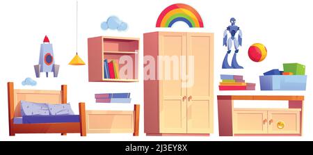 Jungen Schlafzimmer Möbel, Bett, Bücherregal, Schrank und Spielzeugkiste. Vector Cartoon Satz von Kinderzimmer Interieur mit Nachttisch, Bücher, Ball, Rakete und Roboter Stock Vektor