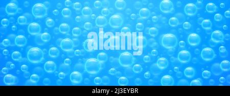 Luftblasen mit nahtlosem Muster auf der blauen Wasseroberfläche. Abstrakter Hintergrund mit transparenter Seife oder Shampoo-Ballons, Unterwasser-Fizzing, Textur oder Wand Stock Vektor