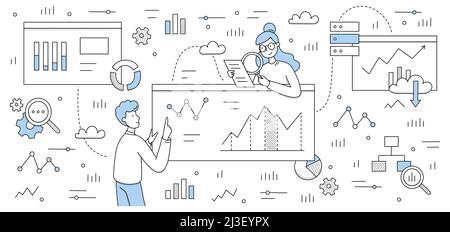 Datenanalysekonzept mit Business-Analysten recherchieren Diagramme, Grafiken und Diagramme von Vertriebsmanagementstatistiken, Betriebsberichten und wichtigen Performa Stock Vektor
