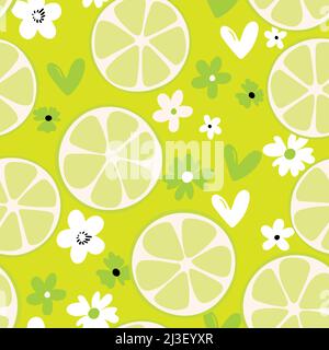 Sommer-Illustration mit Orangen und Zitronen. Seamlees-Muster mit bunten Früchten auf farbigem Hintergrund. Lebensmittelkonzept. Vorlagendesign für Einladung Stock Vektor
