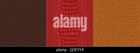 Texturen aus Schlangen- und Krokodilhaut. Hintergründe mit Wildtierlederdruck. Vektor nahtlose Muster Satz von Luxus-Mode-Material aus Reptil Stock Vektor