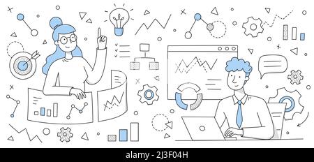 Datenanalyse Geschäftskonzept, Doodle Analysten, Büroleute arbeiten zusammen Forschung Statistiken Diagramme, Grafiken und Diagramme des Vertriebsmanagements und o Stock Vektor