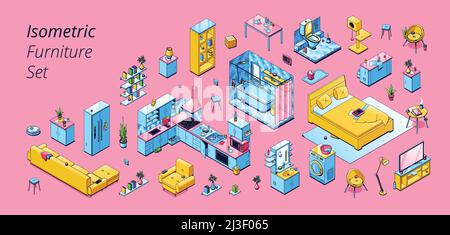 Isometrisches Möbelset Sofa, Sessel, Bücherregal, Schrank und Küchengeräte, Nachttisch, Lampe, Bett und Badewanne, Bad, Waschmaschine, Lampe Stock Vektor