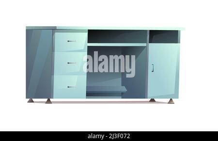 Büro-Desktop. Vorderansicht. Möbel in modernem, minimalistischem Design. Mit Schubladen für Papiere und Werkzeuge, Nischen und Tür. Cartoon-Stil. Objekt isoliert Stock Vektor