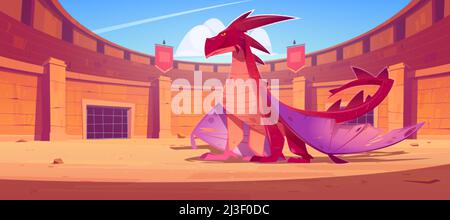 Roter Drache auf alten Arena für Gladiatoren kämpfen. Vektor Cartoon Fantasy Illustration der Kampf Amphitheater mit Steinsäulen, Fahnen und beängstigend mag Stock Vektor