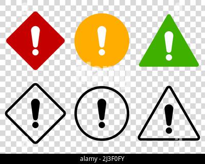 Satz von flachen Ausrufezeichen, Schaltflächen auf isoliertem Hintergrund. Grün rot gelb Vektor-Symbole des Kreises, Rautendreieck. EPS 10 Stock Vektor