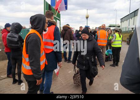 Medyka, Polen. 6. April 2022. Tausende ukrainische Flüchtlinge, die erfolgreich zu Fuß nach Polen einreisen, nachdem sie dem Terror Putins in ihrem Land entkommen sind, betreten das Grenzlager Medyka, wo eine Masse von mitfühlenden internationalen Freiwilligen bereit ist, ihnen bei jedem Schritt auf dem Weg in Sicherheit und in ihre neue Heimat zu helfen. (Bild: © Amy Katz/ZUMA Press Wire) Stockfoto