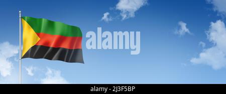 Azawad MNLA-Flagge, dreidimensionale Darstellung, isoliert auf einem blauen Himmel. Horizontales Banner. 3D Abbildung Stockfoto