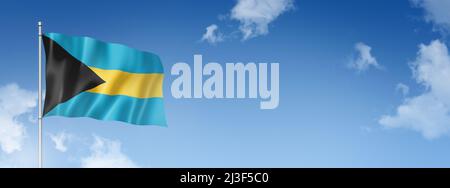 Bahamas-Flagge, dreidimensional gerendert, isoliert auf einem blauen Himmel. Horizontales Banner. 3D Abbildung Stockfoto