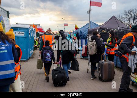 Medyka, Polen. 6. April 2022. Tausende ukrainische Flüchtlinge, die erfolgreich zu Fuß nach Polen einreisen, nachdem sie dem Terror Putins in ihrem Land entkommen sind, betreten das Grenzlager Medyka, wo eine Masse von mitfühlenden internationalen Freiwilligen bereit ist, ihnen bei jedem Schritt auf dem Weg in Sicherheit und in ihre neue Heimat zu helfen. (Bild: © Amy Katz/ZUMA Press Wire) Stockfoto