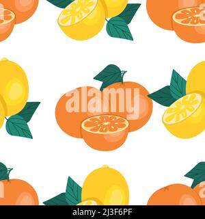 Zitronen und Orangen nahtloses Muster, saftige Zitrusfrüchte. Vektorgrafik. Obstdruck Stock Vektor