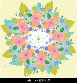 Eine Vektordarstellung eines Mandalas mit Blumen, Blättern und Tropfen in sanften Farben. Stock Vektor