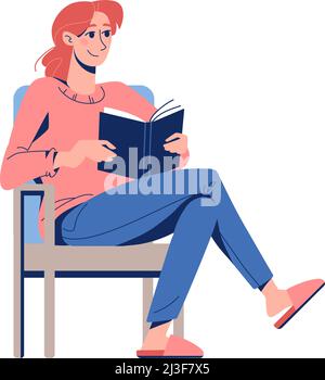 Das Mädchen liest ein Buch, das zu Hause auf einem Stuhl sitzt. Vektorgrafik im flachen Stil. Stock Vektor