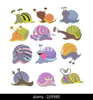 Niedliche bunte Cartoon Schnecke Set. Isoliert auf weißem Hintergrund. Stock Vektor