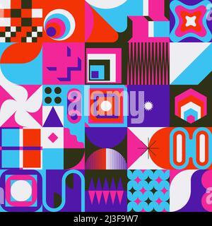 Retro Future Art inspirierte Vektormuster mit abstrakten geometrischen Formen und kräftigen Formen. Stock Vektor
