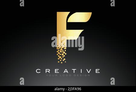 F Anfangsbuchstabe Logo Design mit digitalen Pixeln in schwarzem goldenem rs. Stock Vektor