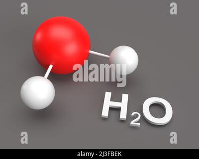 Schematische Darstellung eines Wassermoleküls mit dem Text der chemischen Formel H2O. 3D Rendern Stockfoto