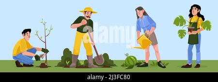 Die Menschen arbeiten im Garten, Pflanzen Bäume und Blumen, Bewässerung. Vektorgrafik flache Illustration von Landwirten oder Freiwilligen im Garten auf Bauernhof, Hof oder öffentlichen Park. Ich Stock Vektor