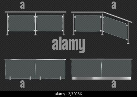 Glasgeländer mit Eisengeländer, Front- und Winkelansicht. Vektor realistische Mockup von verschiedenen Abschnitten von klarem Acryl Zaun mit Metallgeländer isol Stock Vektor