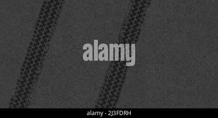 Reifenspuren auf Asphalt-Hintergrund, Offroad-Grunge-Reifenabdrücke, abstrakte Automobilräder mit schwarzem Muster. Rallye, Motocross gerade schmutzige Spuren, aus Stock Vektor