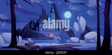 Straße zum magischen Schloss bei Nacht, Märchenpalast mit Türmchen auf Berg und felsigen Weg unter purpurem Himmel mit Vollmond und Sternen. Fantasy-Festung, m Stock Vektor