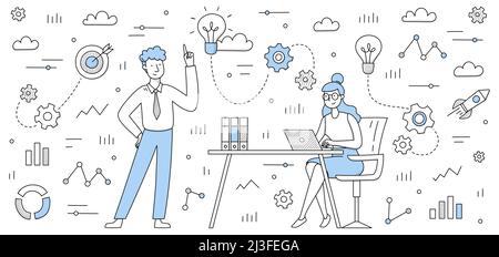 Das Business-Team entwickelt ein Konzept für Ideenkritzel, Kollegen arbeiten mit Laptops zusammen und denken kreative Lösungen mit Infografik-Symbolen um. Mitarbeiterteam Stock Vektor