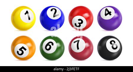 Bingo Lotto-Kugeln mit Zahlen von einem bis acht. Vector realistisches Set von 3D Farbkugeln für Lotto Keno Spiel oder Billard. Glänzende Kugeln für Casino Stock Vektor