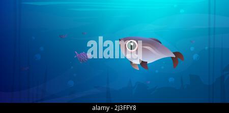 Unterwasserlandschaft mit niedlichen Fischen und Silhouetten von Algen. Vektor-Cartoon-Illustration von Unterwasser, Aquarium oder Fluss mit Wassertieren und Stock Vektor