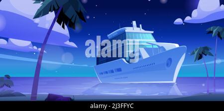 Schiff in der Nacht im Meer. Vektor-Cartoon-Illustration der tropischen Sommerlandschaft mit Sandstrand, Palmen und Passagier-Kreuzfahrt-Liner im Meer. Stock Vektor