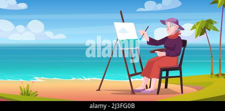 Ältere Frau malt am Strand auf dem Freiluftmarkt. Vektor-Cartoon-Illustration der Sommer tropischen Landschaft des Ozeans Küste mit Sand, Palmen und gran Stock Vektor