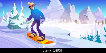 Mann fährt auf Snowboard auf Piste in den Bergen. Vektor-Cartoon-Illustration der Winterlandschaft mit weißen Abfahrt, Bäume, Felsen und Snowboarder Person Stock Vektor