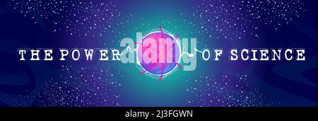 Science power poster with lightnings, neon energy ball with orbits. Vector banner with cartoon abstract futuristic illustration of atom structure symb Stock Vektor