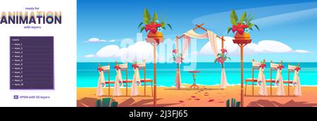 Strand Hochzeit Bogen und Dekoration am Meer Parallax Hintergrund mit 2D getrennten Schichten bereit für Spiel-Animation. Torbogen mit Blumenmuster und Stühle stehen auf Stock Vektor