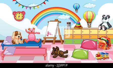 Leere Kindergarten Klassenzimmer Innenraum mit vielen Kinder Spielzeug Illustration Stock Vektor