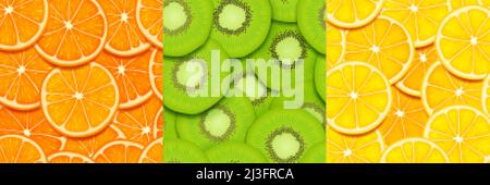 Fruit Slice Spiel nahtlose Texturen für das Spiel. Orange, Kiwi und Zitrone geschnittene Stücke wiederholte Muster, 3D Hintergründe mit saftigen gesunden Früchten, grafische benutzeroberfläche Stock Vektor