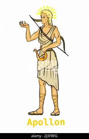 Griechische Mythologie Götter, Apollon, Illustration, weißer Hintergrund, Linienzeichnung. Stockfoto