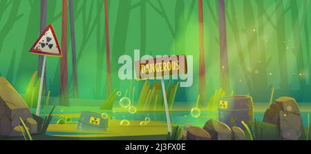Stinkende, schmutzige Sumpflandschaft mit giftigen Abfallfässern und Warnschildern. Vektorgrafik Cartoon Illustration der Umweltverschmutzung. Waldlandschaft mit Sumpf mit Stock Vektor