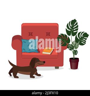 Home Innenstuhl, Blume und Hund, Farbe Vektor Illustration flach Stock Vektor