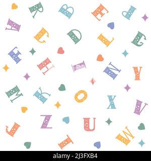 Muster mit Buchstaben des Alphabets, Farbvektordarstellung auf weißem Hintergrund. Stock Vektor