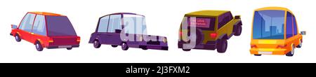 Moderne Autos, Kraftfahrzeuge in Vorder- und Rückansicht. Vector Cartoon Satz von neuen Autos mit Limousine und Heckklappe Kabine. Unterschiedliche automatische Isolierung bei Whi Stock Vektor