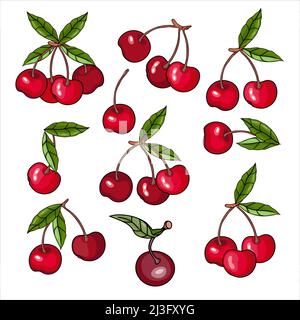 Kirsche Elemente dekorative Hand gezeichnet großen Satz von Vektor-Illustrationen isoliert weißen Hintergrund. Kirschbeersymbole bündeln sich. Stock Vektor