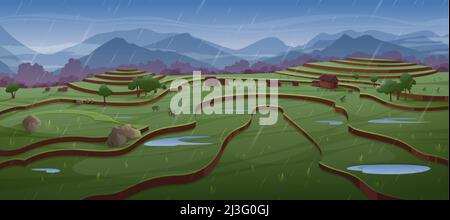 Im Regen arbeiten Menschen auf Reisfeldern. Grüne Reiseterrassen und Bauernhäuser. Vektor-Cartoon-Illustration der asiatischen ländlichen Landschaft mit Ernte Plantage auf Stock Vektor