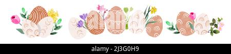 Set aus ostereiern auf einem isolierten weißen Hintergrund, Blumenmuster, Aquarell-Cliparts. Frühlingskollektion zu Ostern. Handgezeichnetes Set Frohe Feiertage Stockfoto