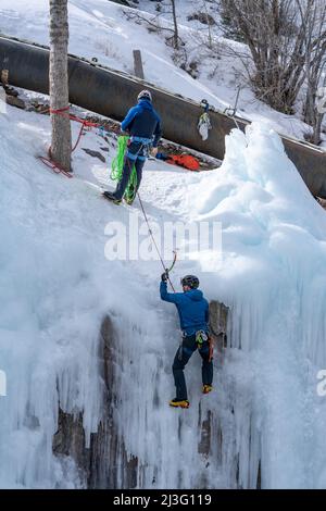 Ein Eiskletterer rundet seinen Aufstieg ab, als sein Kletterpartner ihn im Ouray Ice Park, Colorado, zum Schutz auf den Stand gebracht hat. Stockfoto