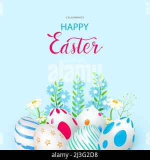 Frohe Ostern Banner. Frühlingskomposition mit Ostereiern und Blumen. Ort für Ihren Text. Vektor Stock Vektor