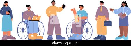 Das Team der verschiedenen Gruppenunternehmer, behinderte und gesunde Unternehmer oder Büroangestellte kommunizieren. Multinationales Unternehmen von jungen Männern und Frauen wor Stock Vektor