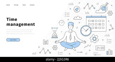 Zeitmanagement-Banner mit Mann in Yoga-Pose, Uhr, Zahnrädern und Kalender. Vektor Landing Page der Arbeitsorganisation, Zeitsteuerung mit Doodle businessma Stock Vektor