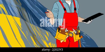 Bauingenieur Mann trägt Uniform, Hausreparatur und Gebäude. Flagge der ukraine Stockfoto