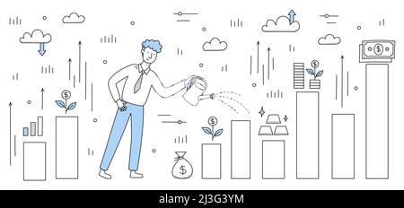 Finanzinvestition, Geld wachsen Doodle Konzept mit Geschäftsmann Wasser Statistiken Chart mit Geldbaum im Topf, Goldbarren und Dollar Scheine, Reichtum steigen, Stock Vektor