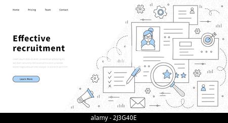 Banner für effektive Rekrutierung. Personalmanagement, Suchunternehmen Mitarbeiter und Personalkonzept. Vektor-Landing-Page zur Einstellung von Mitarbeitern mit Doodle illustrat Stock Vektor